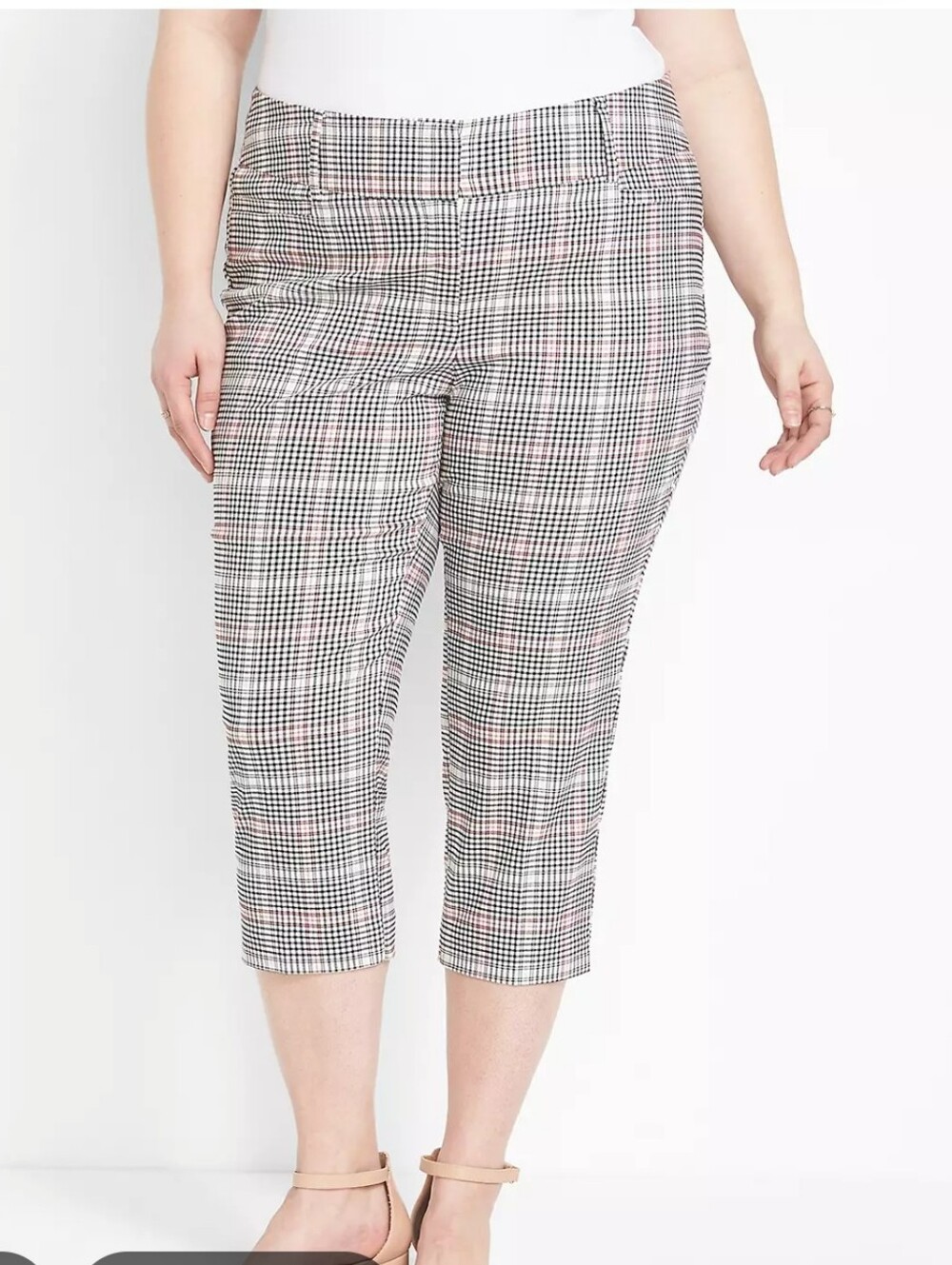 Lane Bryant Black, White & Pink Plaid Crop Capri Pants NWOT